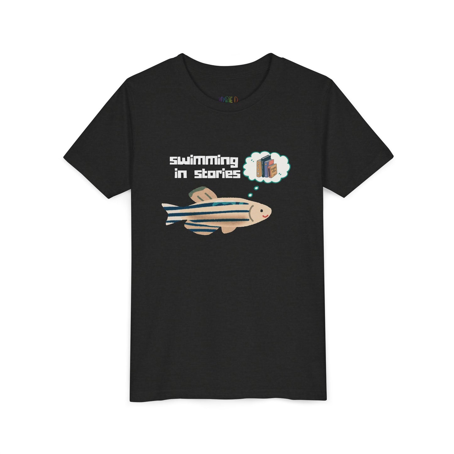 Youth Swimming in Stories Tee – Fun Reading Shirt for Curious Kids. A dreamy design for book-loving adventurers