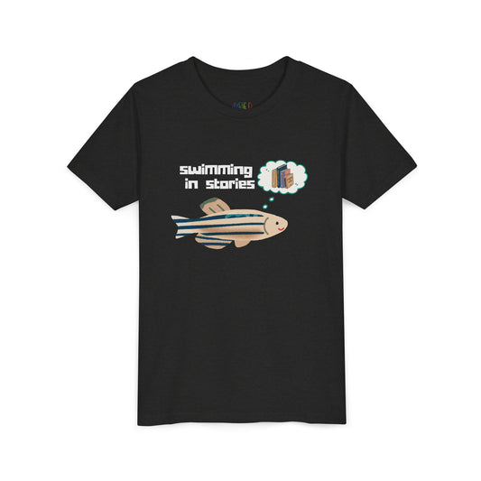 Youth Swimming in Stories Tee – Fun Reading Shirt for Curious Kids. A dreamy design for book-loving adventurers