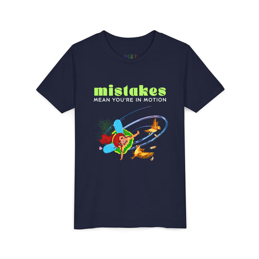 Navy blue t-shirt with fairy crashing into birds mid-air and text 'MISTAKES Mean You're In Motion'