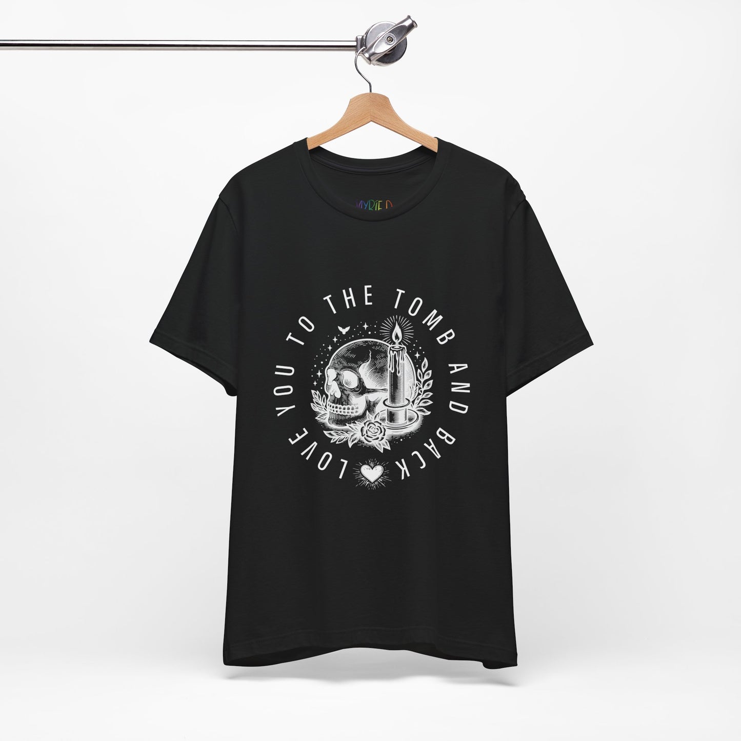 Black gothic t-shirt with a skull and candle graphic design circled by text 'Love You To The Tomb And Back'