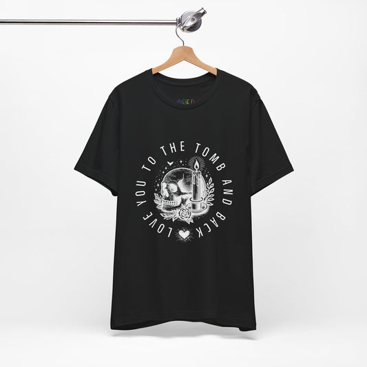 Black gothic t-shirt with a skull and candle graphic design circled by text 'Love You To The Tomb And Back'