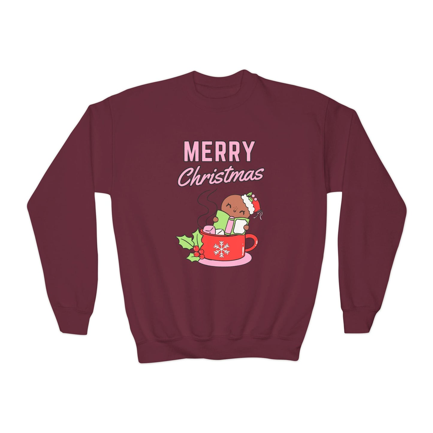 Youth Merry Christmas Cocoa Sweatshirt â€“ Gingerbread Holiday Mug Design Printify