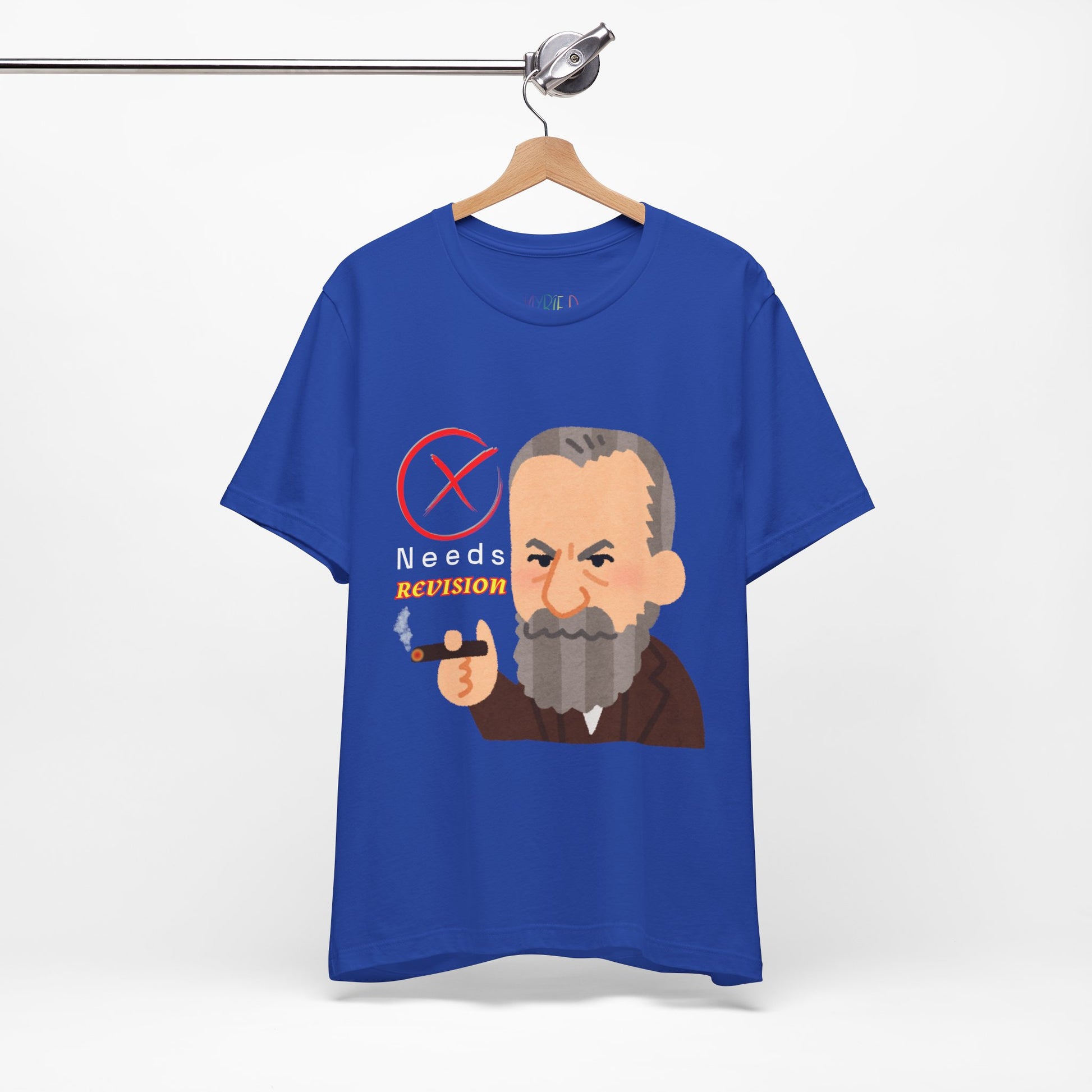 Blue t-shirt with a graphic design of a grumpy man smoking a cigar, a big red 'X' and text 'Needs Revision' 