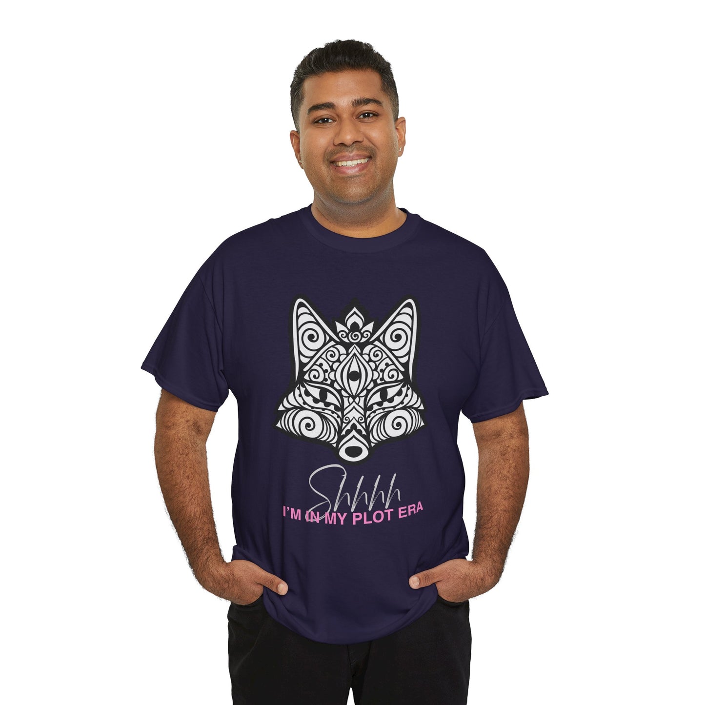Man wearing a navy blue t-shirt with white geographic  fox design and text 'Shhhh, I'm In My Plot Era'