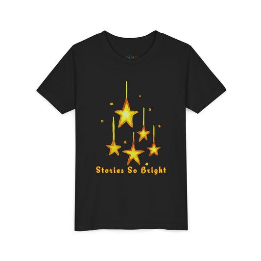 Black t-shirt with yellow star design and 'Stories So Bright' text on a white background
