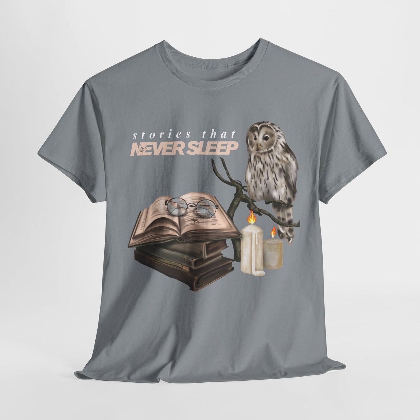 Teen/Adult Unisex "Stories That Never Sleep" Owl & Candlelight Book T-Shirt – Cozy Night Reader Tee
