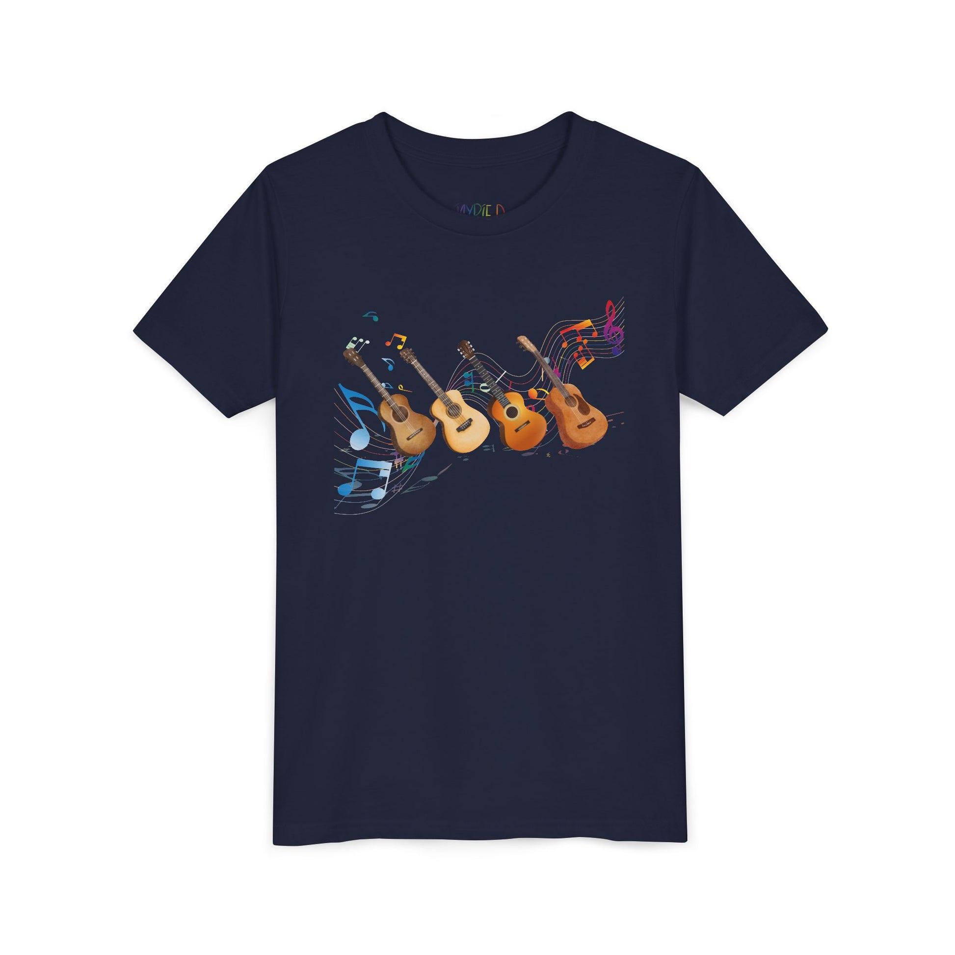 Navy blue t-shirt with colorful music notes and a row of guitars 