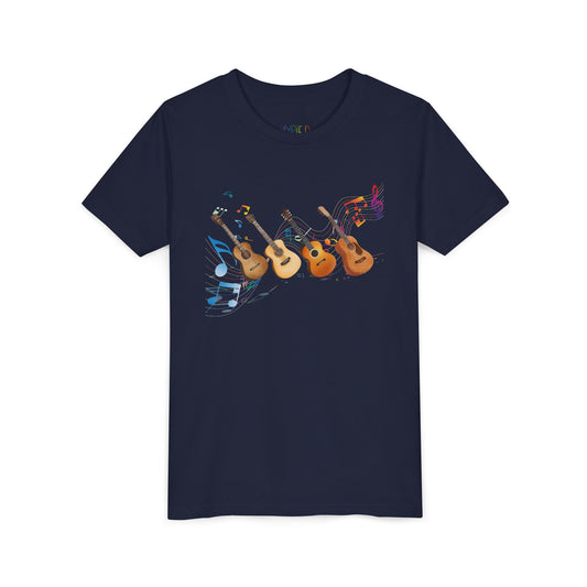 Navy blue t-shirt with colorful music notes and a row of guitars 