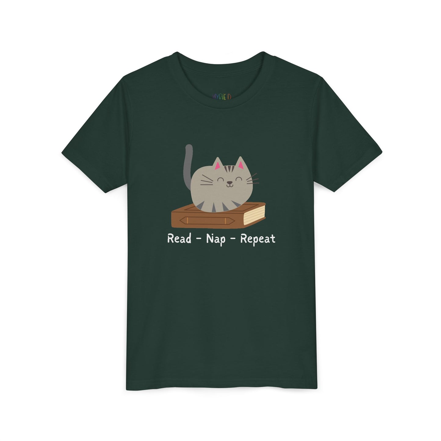 Dark green t-shirt with a cat sitting on a book and text 'Read - Nap - Repeat' 