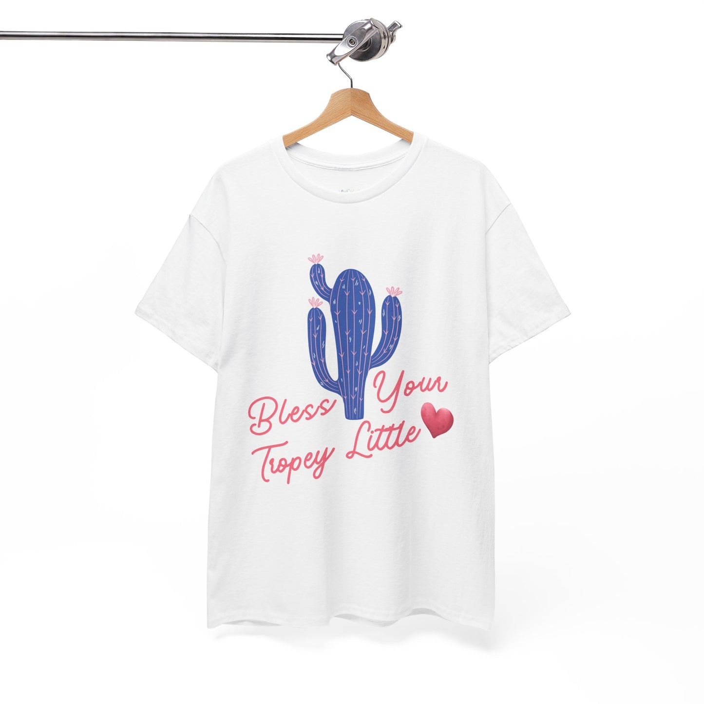 White t-shirt with a pink and blue cactus and text 'Bless Your Tropey Little' and then a picture of a heart