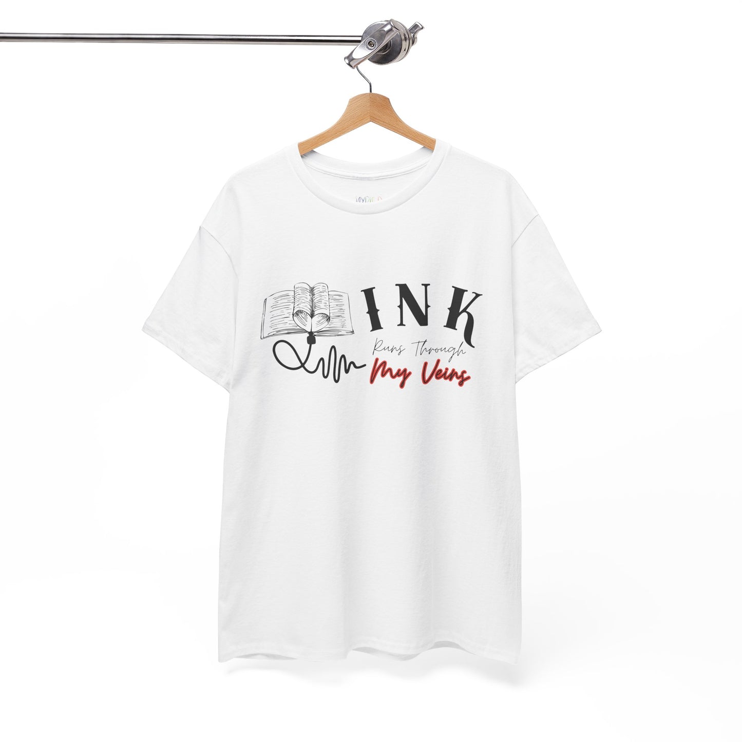 White t-shirt with an IV connected to an open book and text 'INK Runs Through My Veins' 