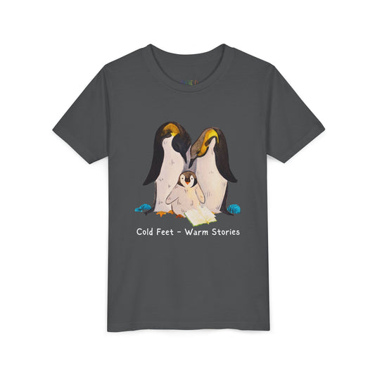 Youth Cold Feet – Warm Stories  Tee – Cozy Penguin Shirt for Wintertime Readers
