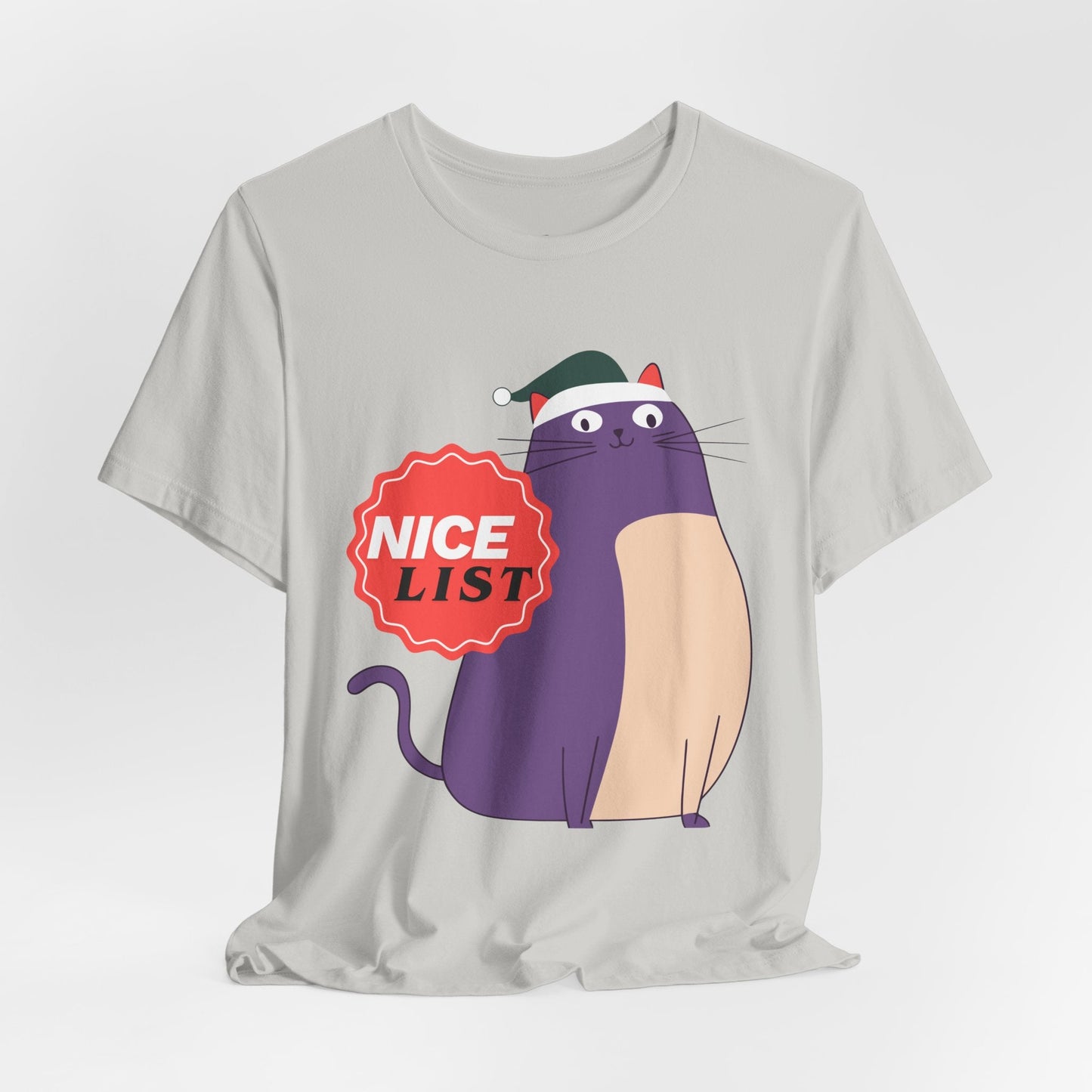 Teen/Adult Unisex Nice List T-Shirt â€“ Cute Purple Cat Christmas Design Printify