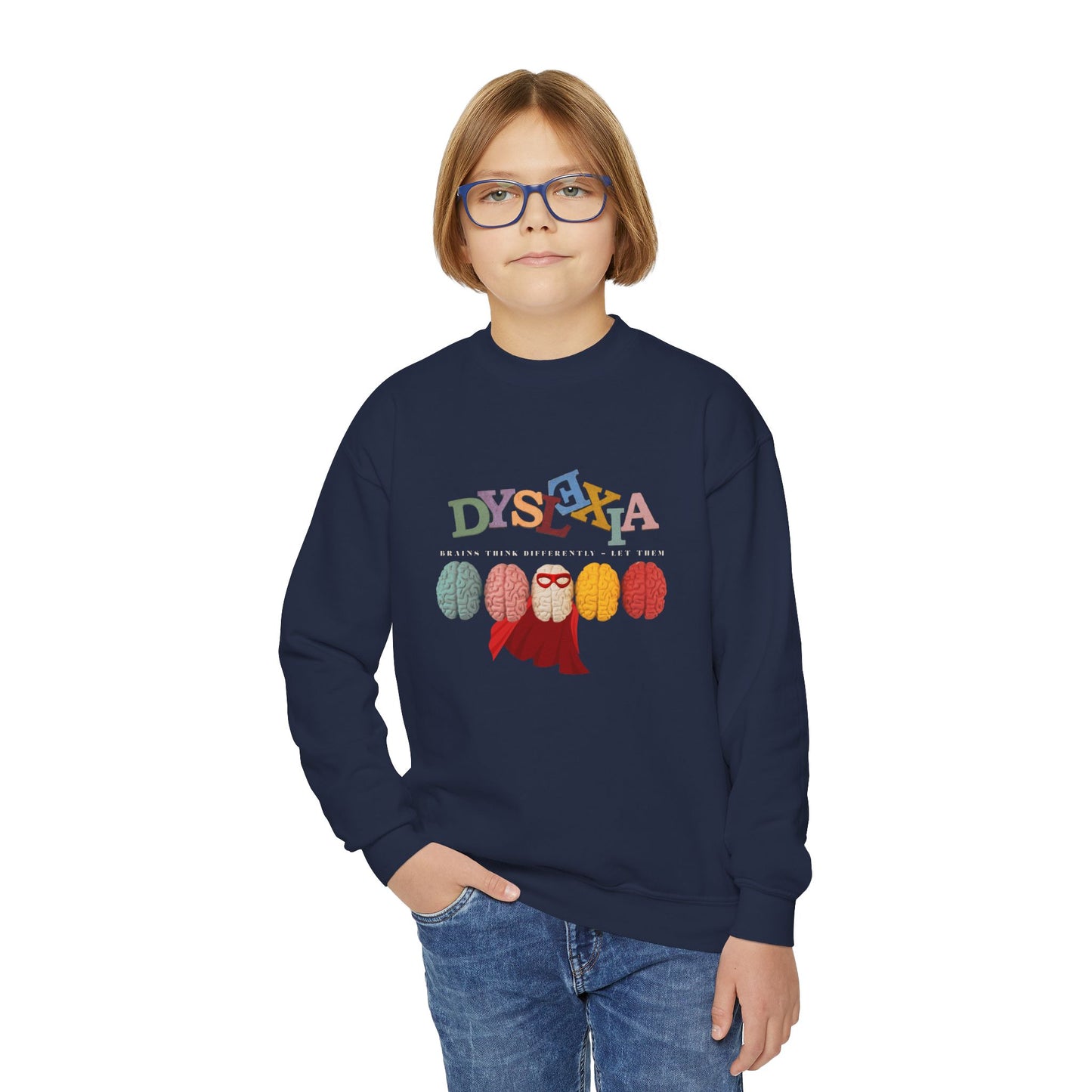 Boy wearing a navy blue sweatshirt with colorful brains and 'DYSEXYA' text