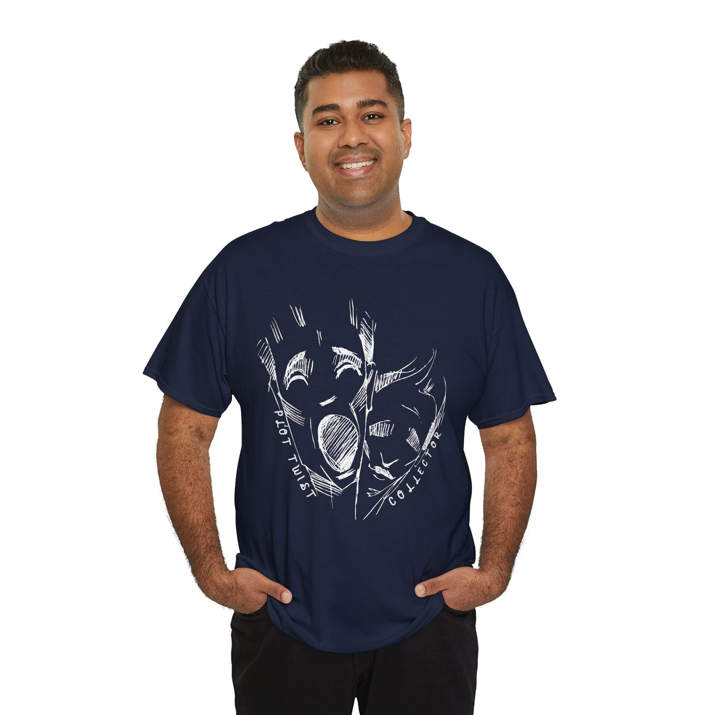 Man wearing a navy blue t-shirt with white sketched graphic design of creepy faces and text 'Plot Twist Collector' on a hanger against a white background