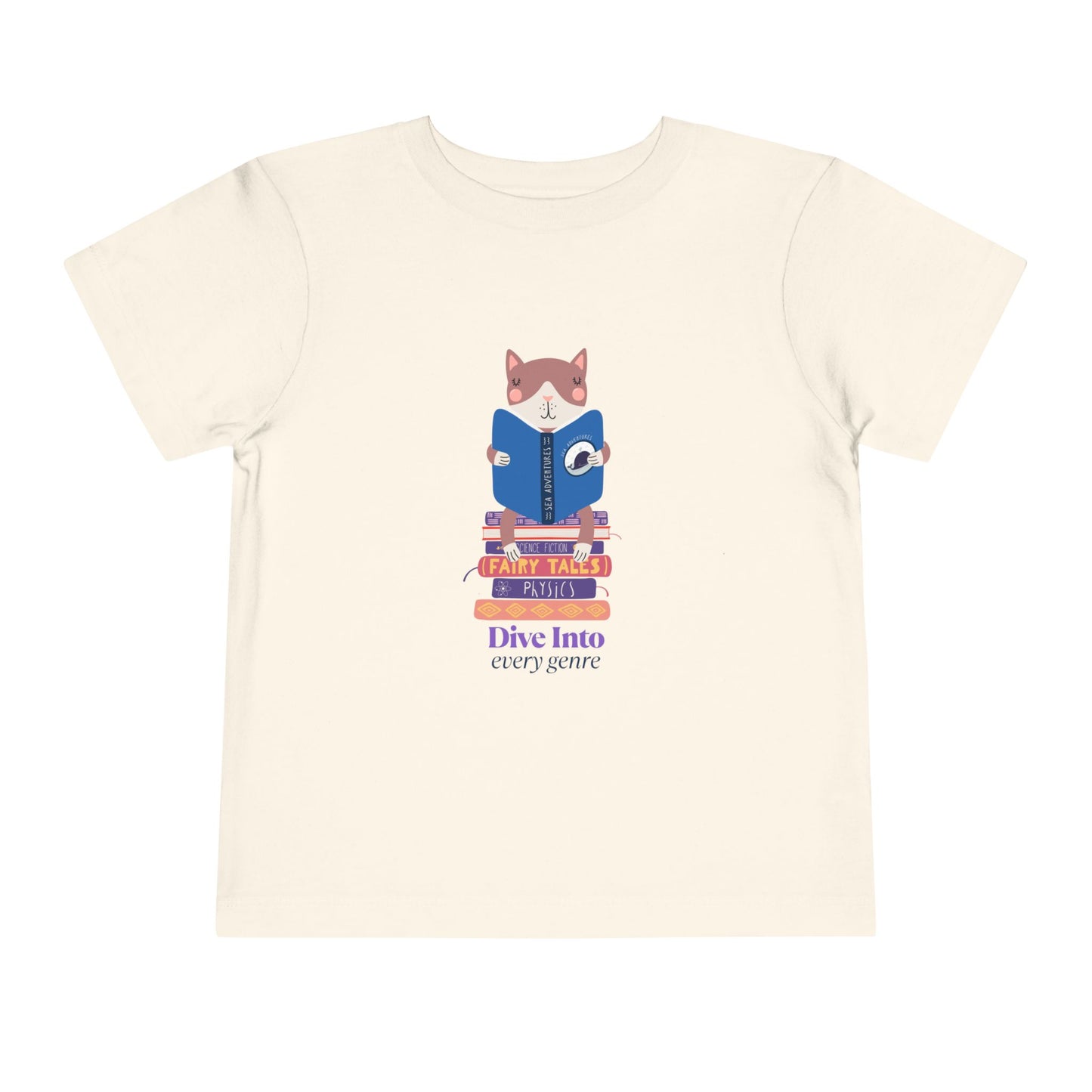 Beige toddler t-shirt with a cat reading a book while sitting on a stack of books and text 'Dive Into Every Genre'