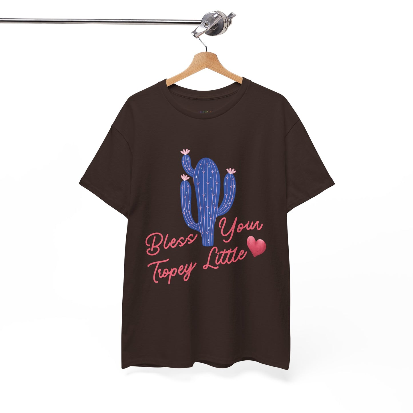 Brown t-shirt with a pink and blue cactus and text 'Bless Your Tropey Little' and then a picture of a heart