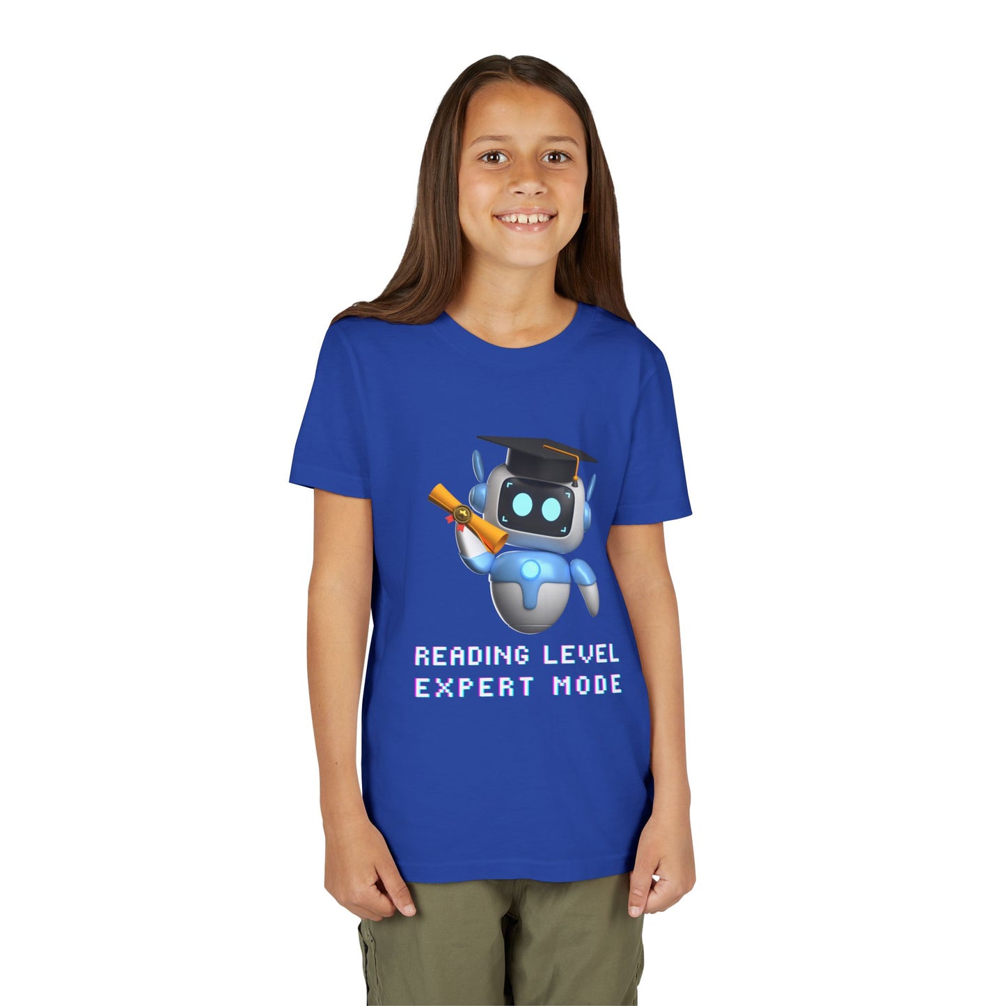 Girl wearing a blue t-shirt with a robot graduate and text 'Reading Level Expert Mode' 