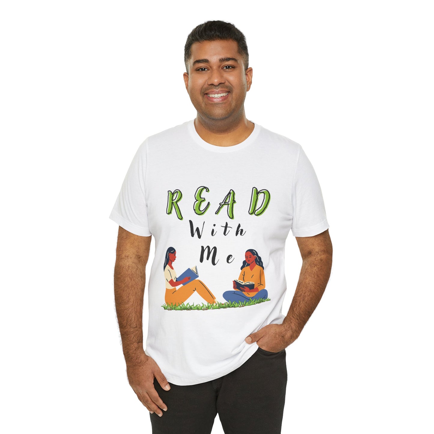 Man wearing a white t-shirt with 'Read With Me' text and illustrations of two people reading 