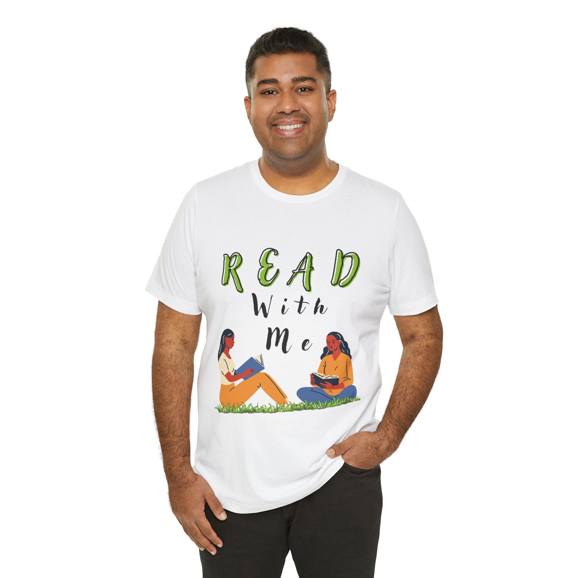 Man wearing a white t-shirt with 'Read With Me' text and illustrations of two people reading 