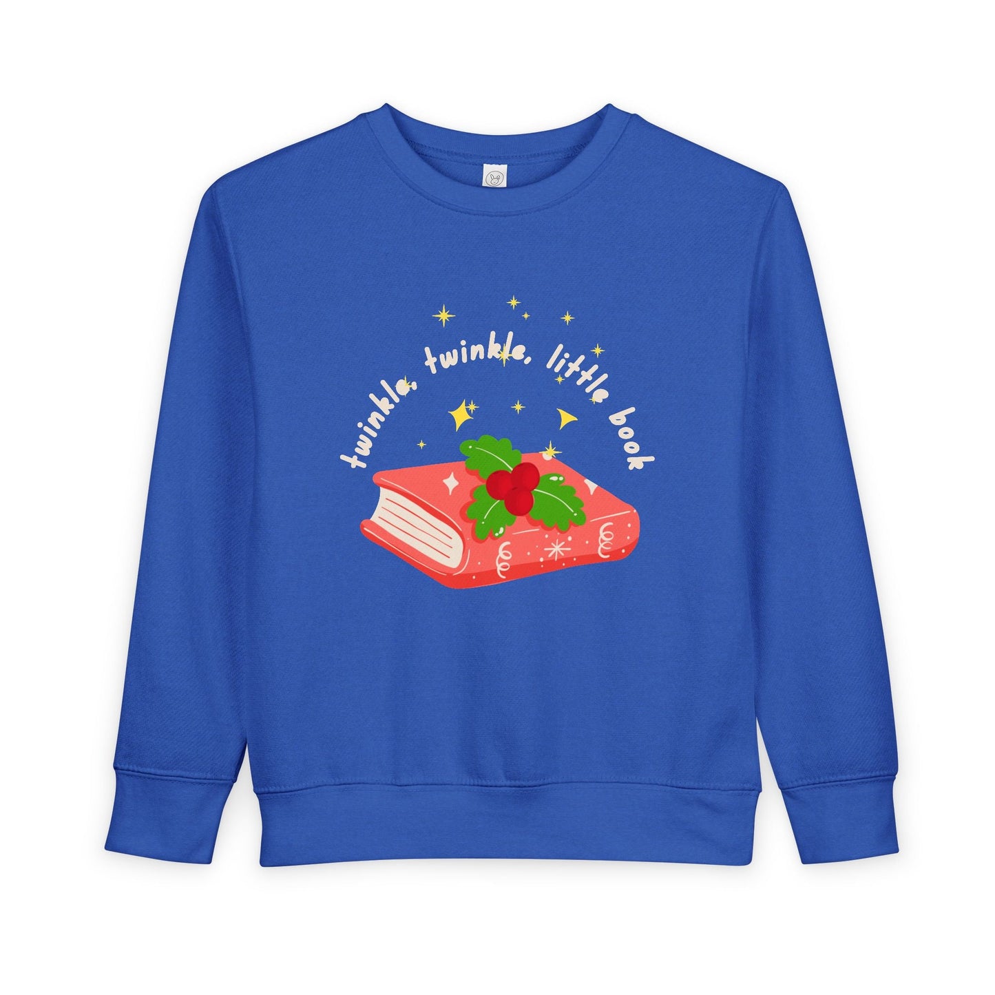 Blue toddler sweatshirt with a red book graphic and 'twinkle twinkle little book' text on a white background