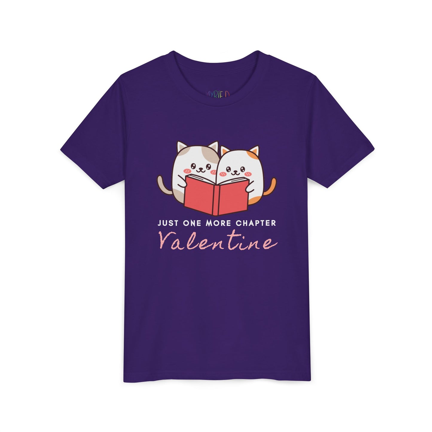 Purple t-shirt with two cartoon cats reading a book and 'Just One More Chapter Valentine' text 
