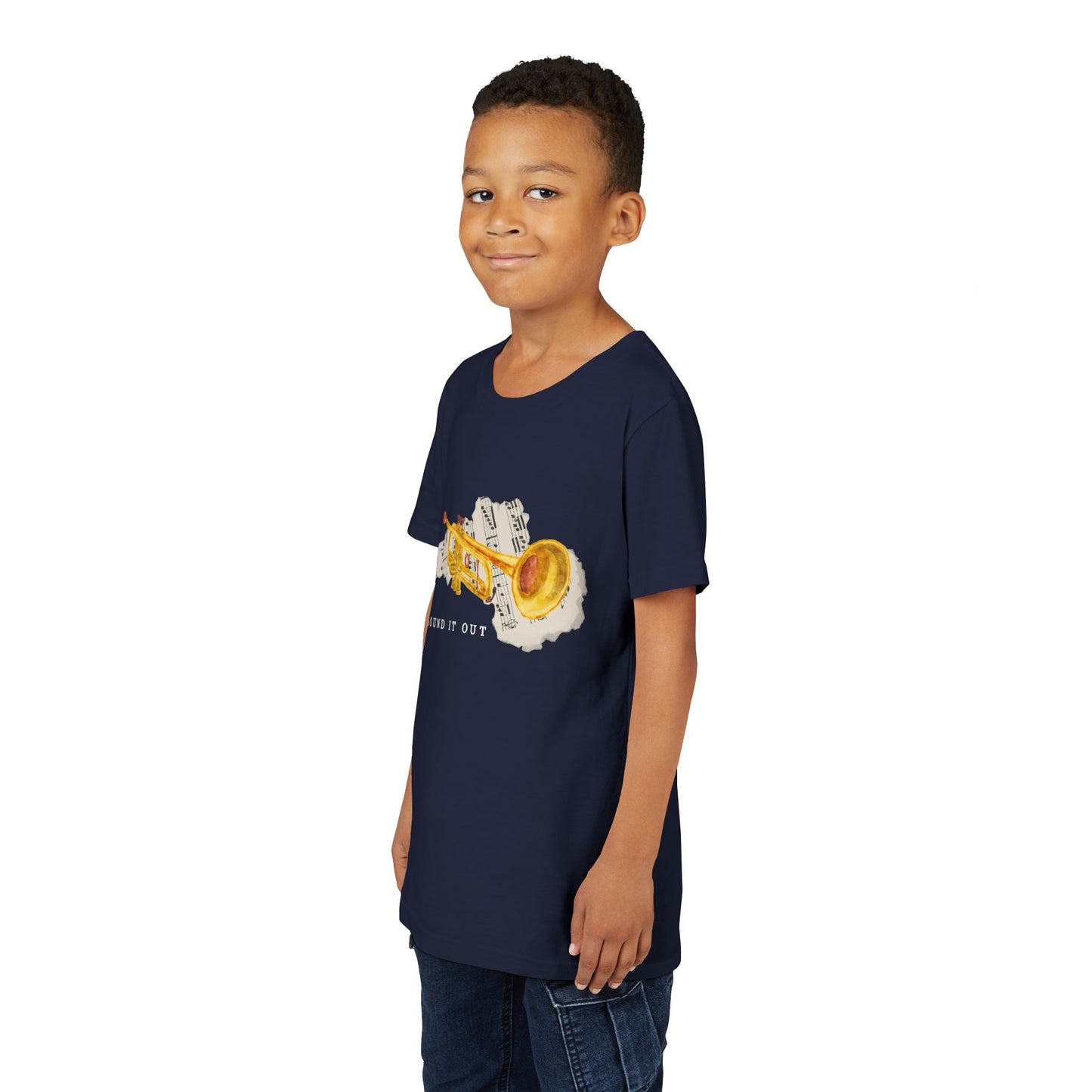 Boy wearing a navy blue t-shirt with a gold trumpet, torn music sheet and 'SOUND IT OUT' text 
