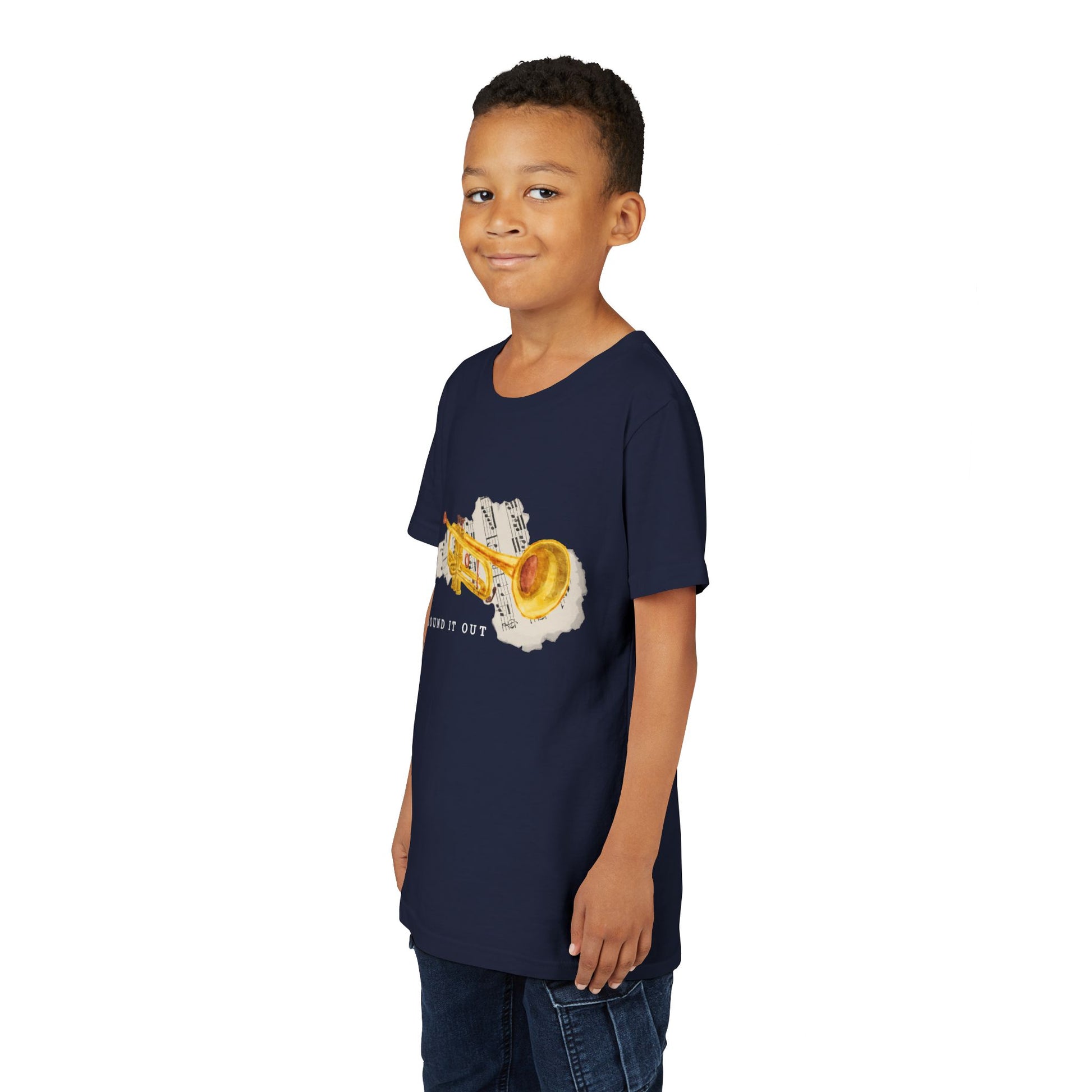 Boy wearing a navy blue t-shirt with a gold trumpet, torn music sheet and 'SOUND IT OUT' text 
