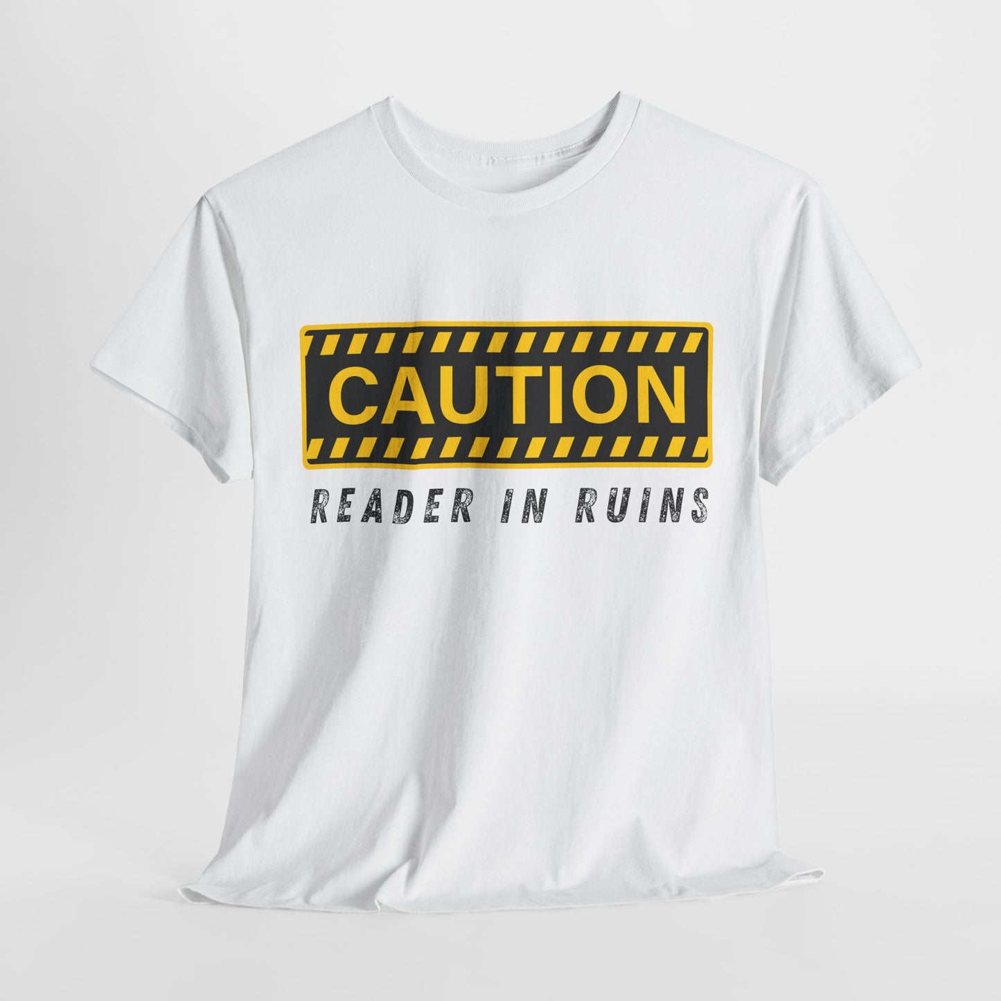 Teen/Adult Unisex Tee – CAUTION: Reader in Ruins (Yellow Caution)