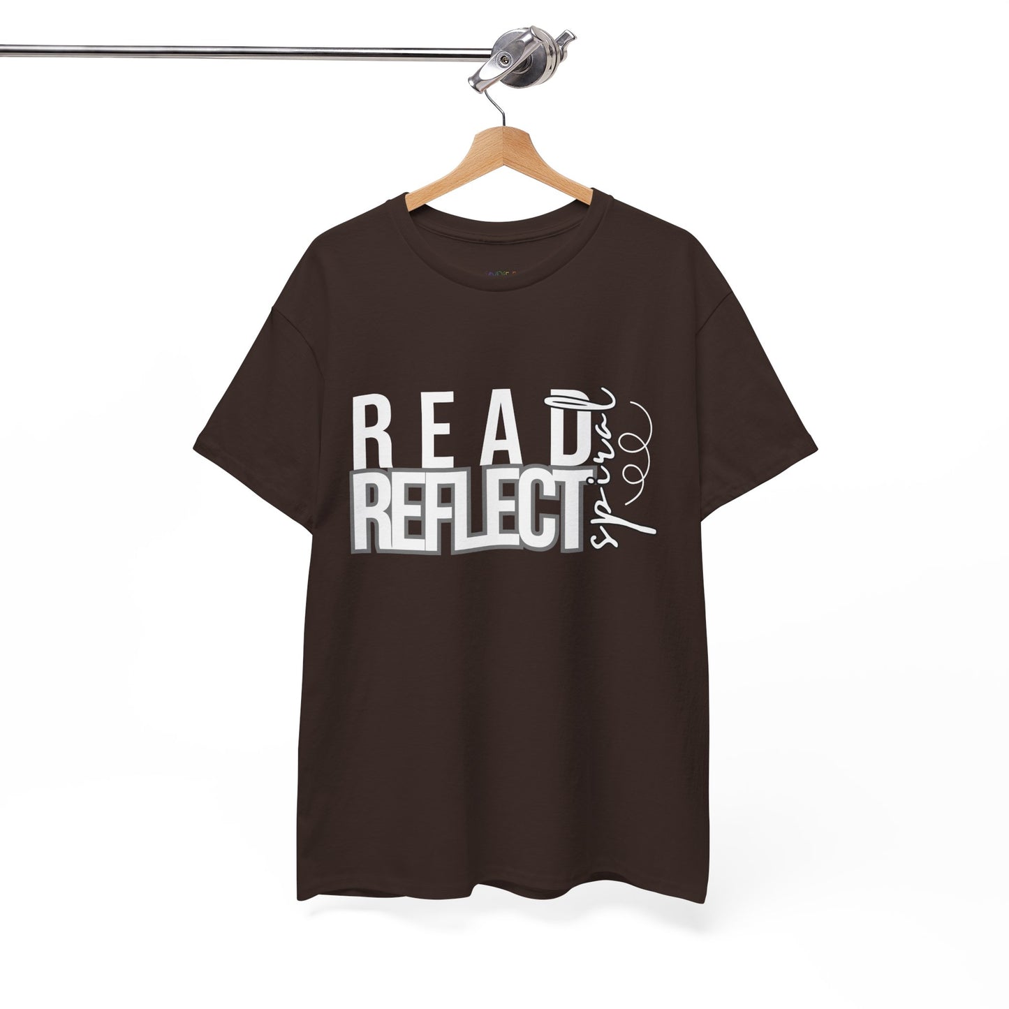 Brown t-shirt with 'READ REFLECT SPIRAL' text 