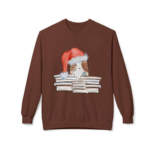 Brown sweatshirt with a graphic of a cat wearing a Santa hat behind a stack of books.