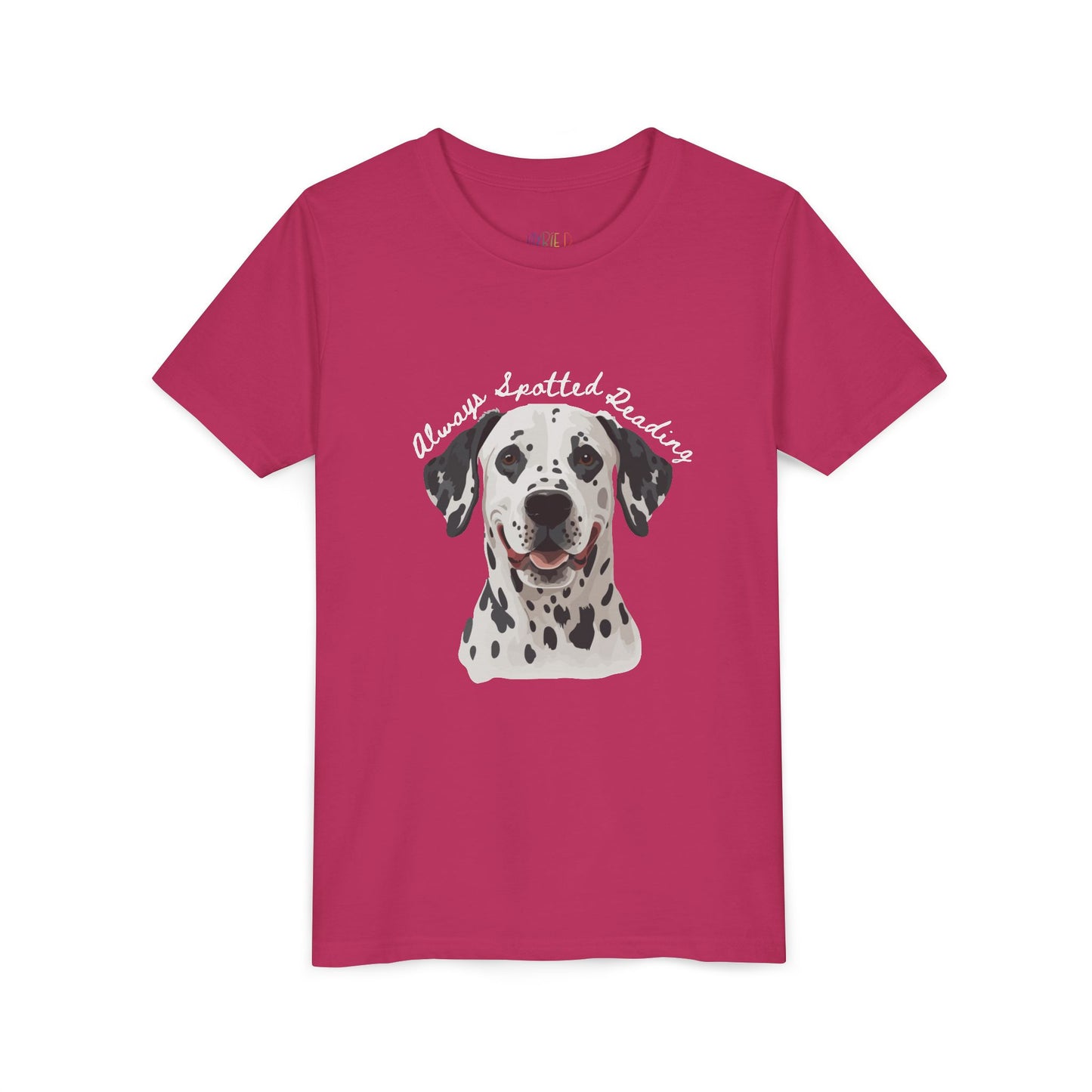 Pink t-shirt with a Dalmatian dog graphic and text 'Always Spotted Reading'