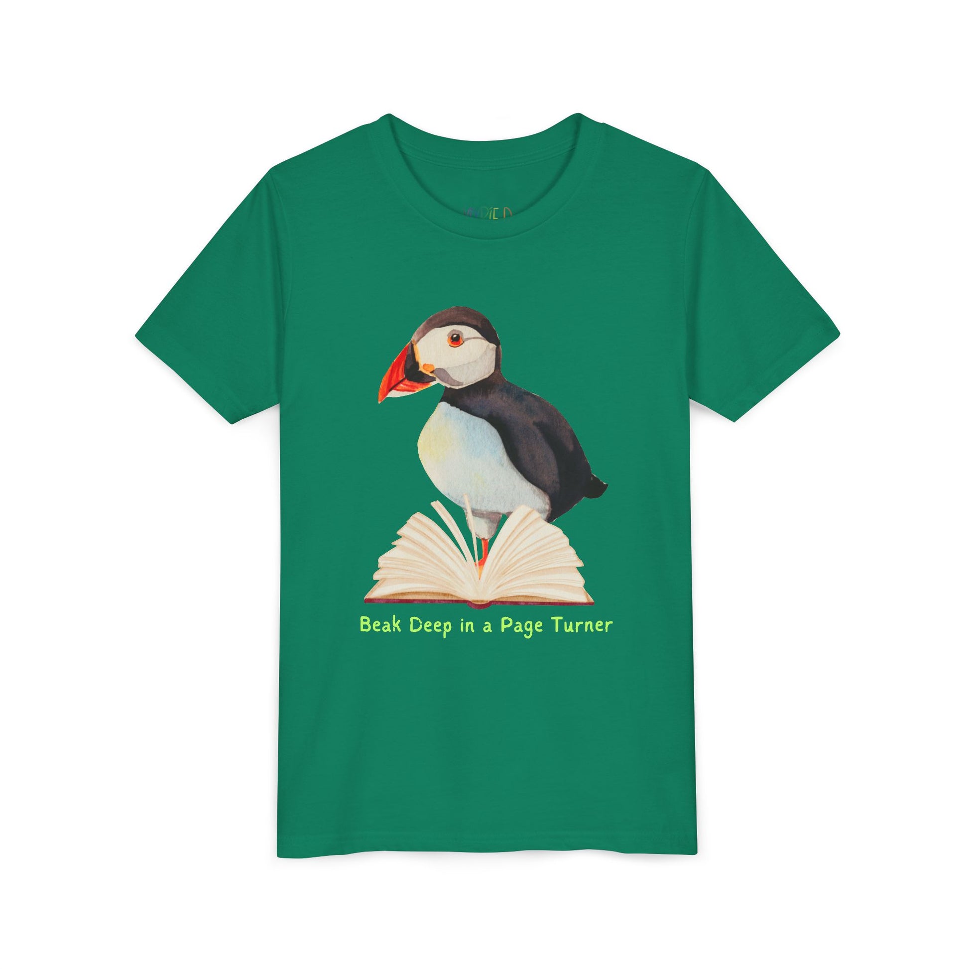 Green t-shirt with a puffin, open book and text 'Beak Deep in a Page Turn' 