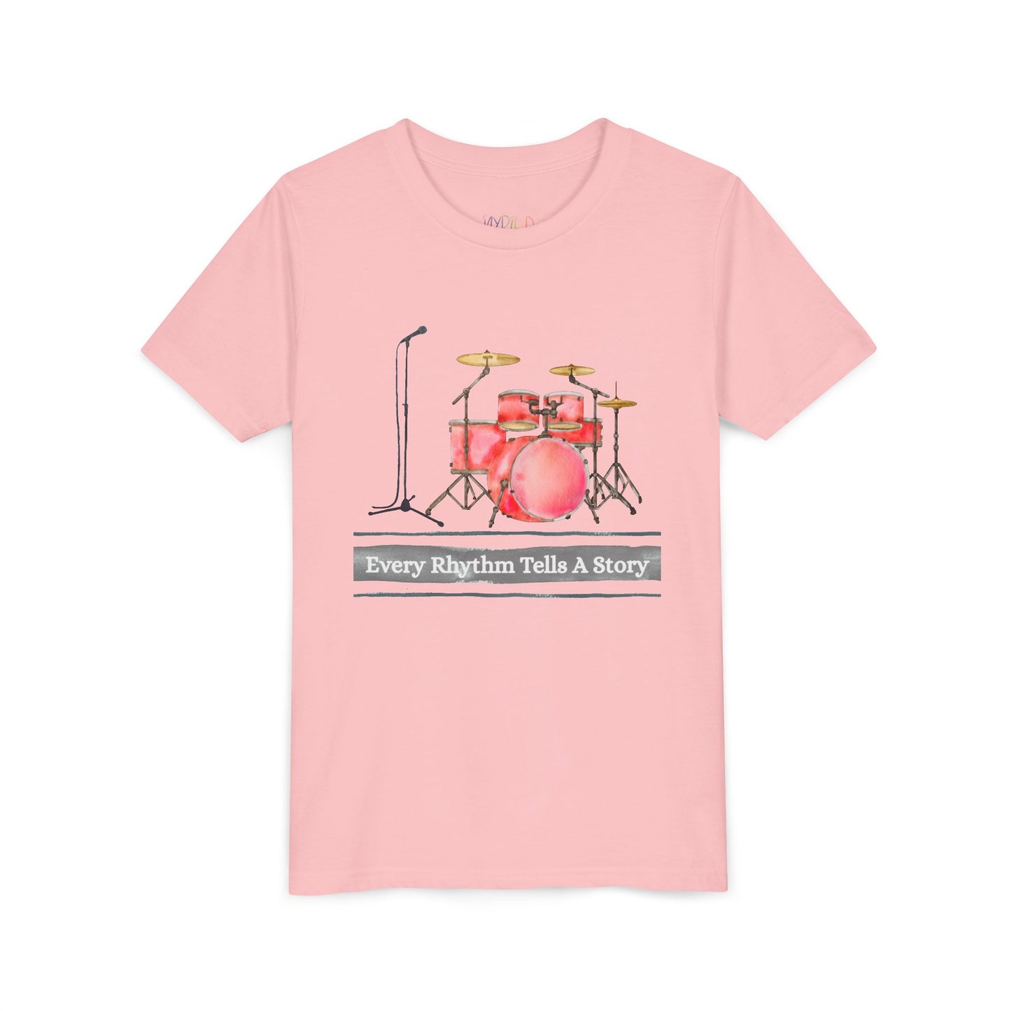Pink t-shirt with a microphone, drum set and text 'Every Rhythm Tells A Story' 
