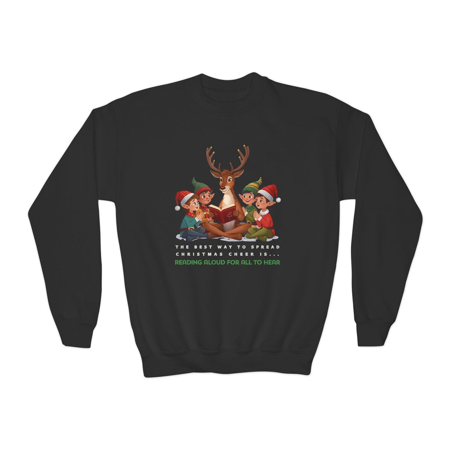 Youth Christmas Cheer Reading Sweatshirt â€“ Reindeer Storytime Design Printify