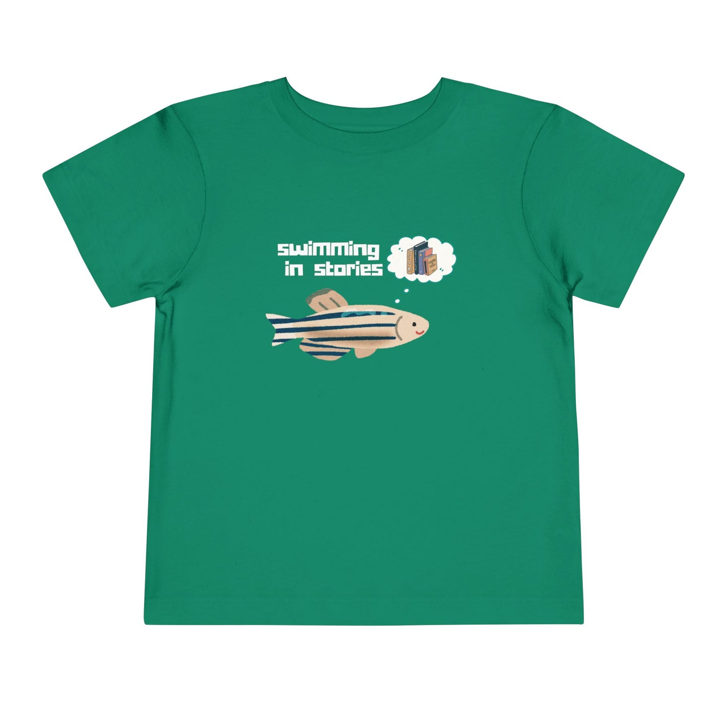 Green t-shirt with a fish graphic, thought bubble picturing books, and text 'swimming in stories' 