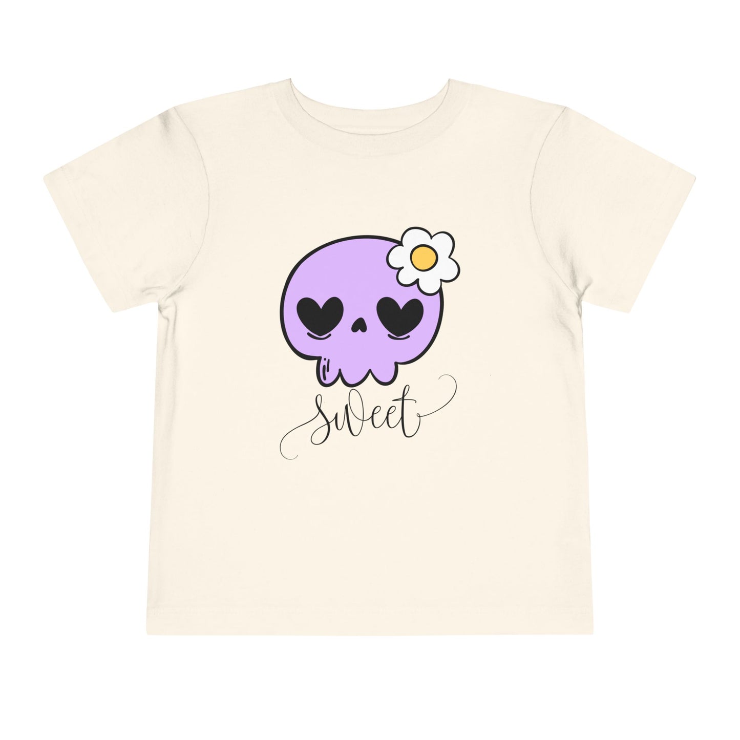 Beige toddler t-shirt with a purple skull design and the word 'sweet' 