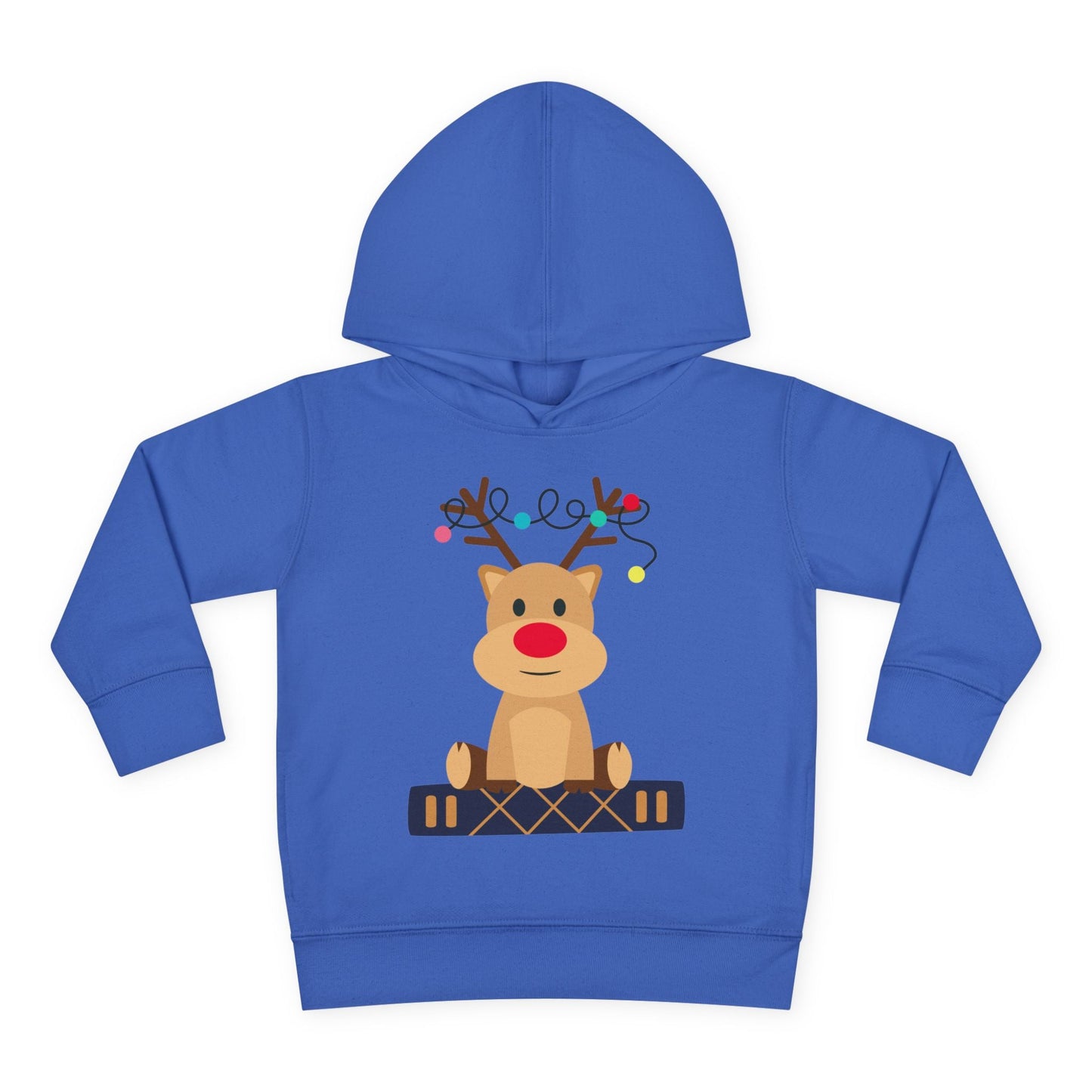 Blue toddler hoodie with a reindeer sitting on a book and colorful Christmas lights tangled in it's antlers, on a white background