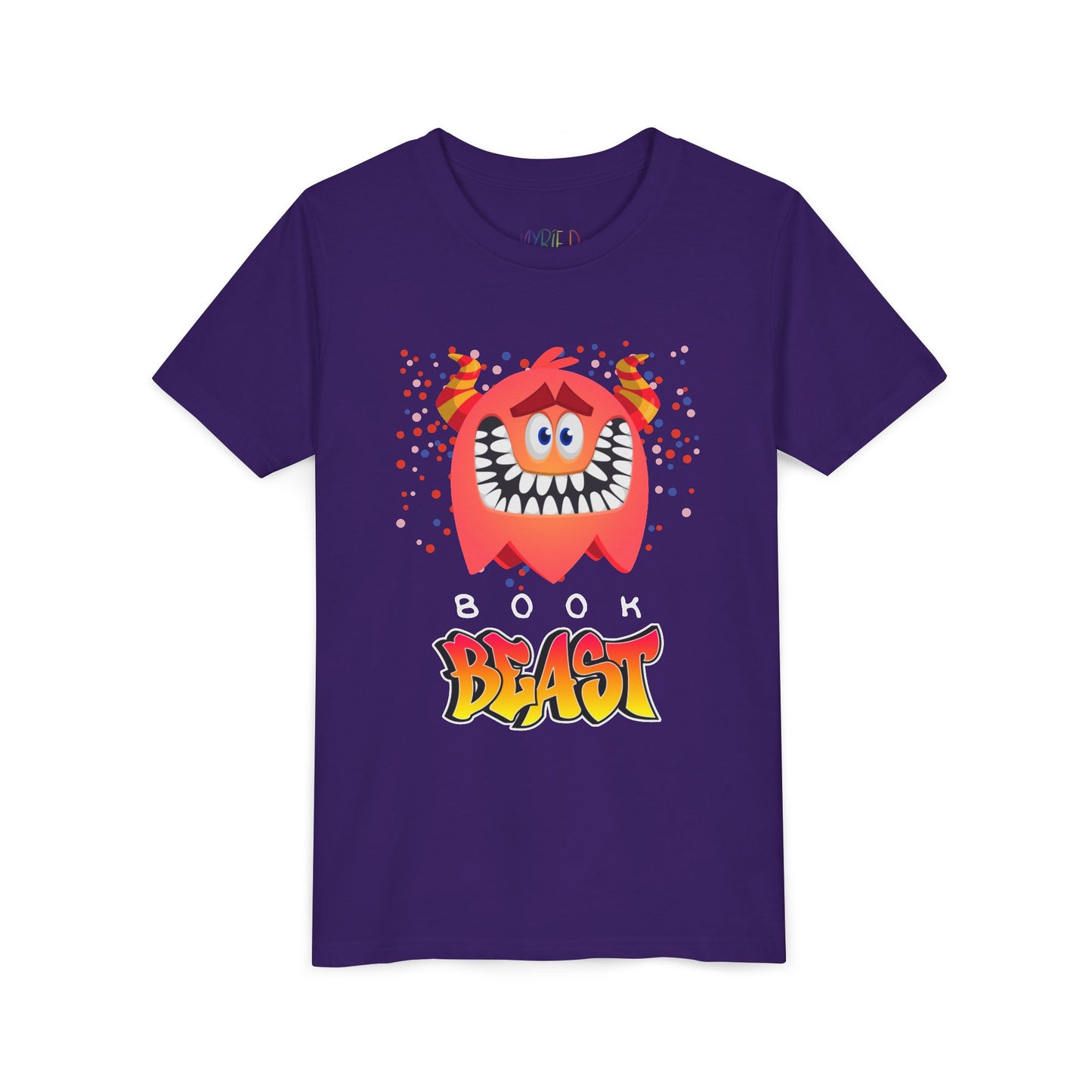 Purple t-shirt with a sheepish, toothy, red monster surrounded by confetti and text 'BOOK BEAST' 