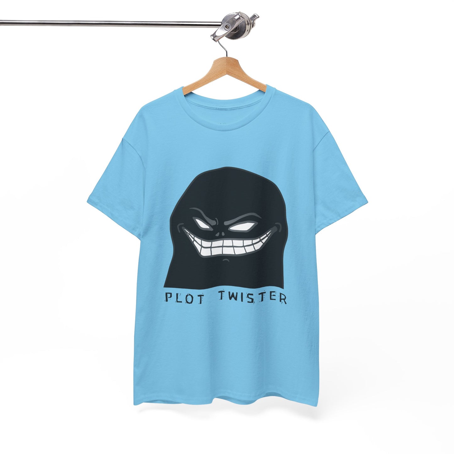Blue t-shirt with a sinister character and text 'Plot Twister' on a hanger against a white background