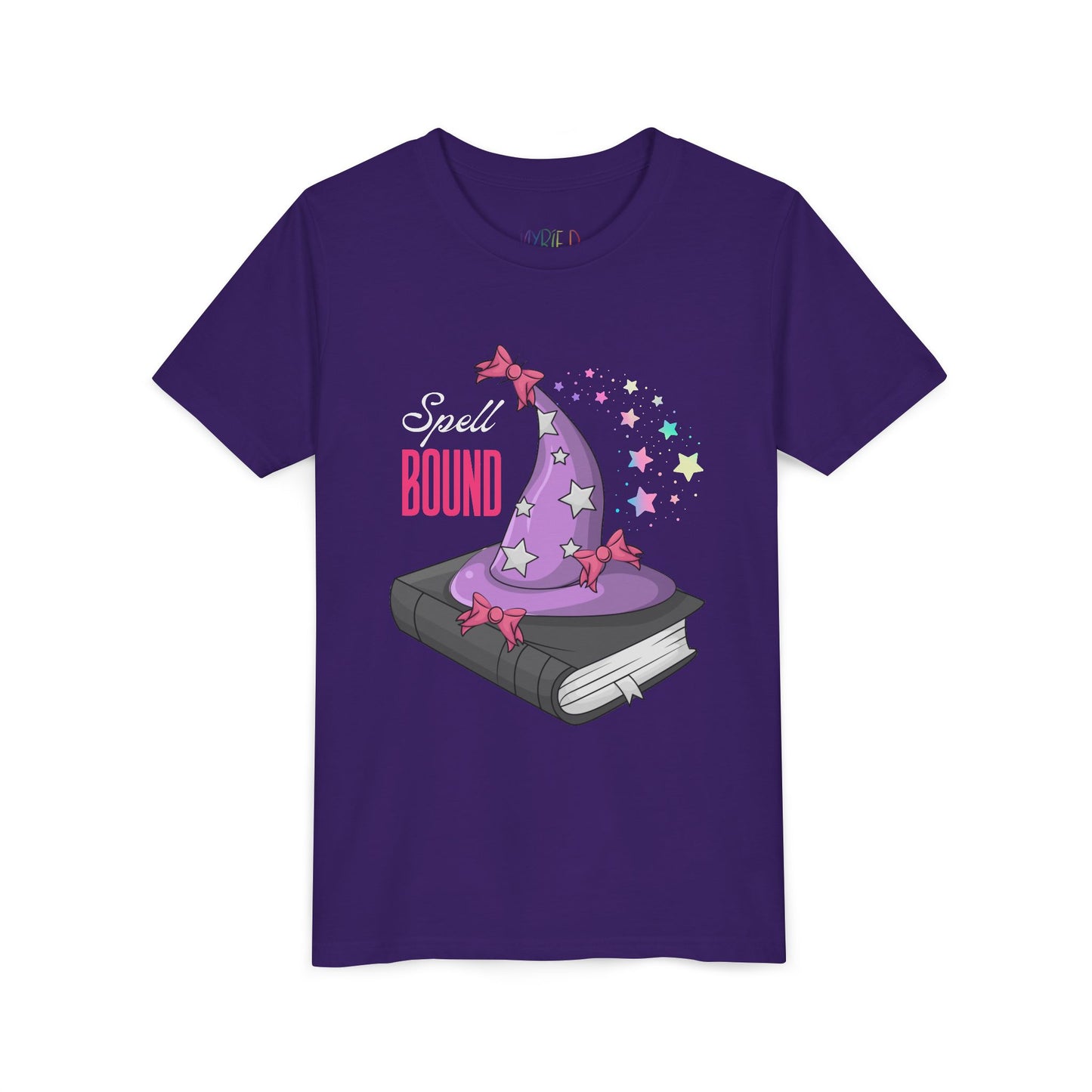Purple t-shirt with a sparkly purple witch hat on top of a book and text 'Spell Bound'  