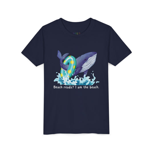 Navy blue t-shirt with a whale wearing a pool floaty ring and text 'Beach reads? I am the beach.'
