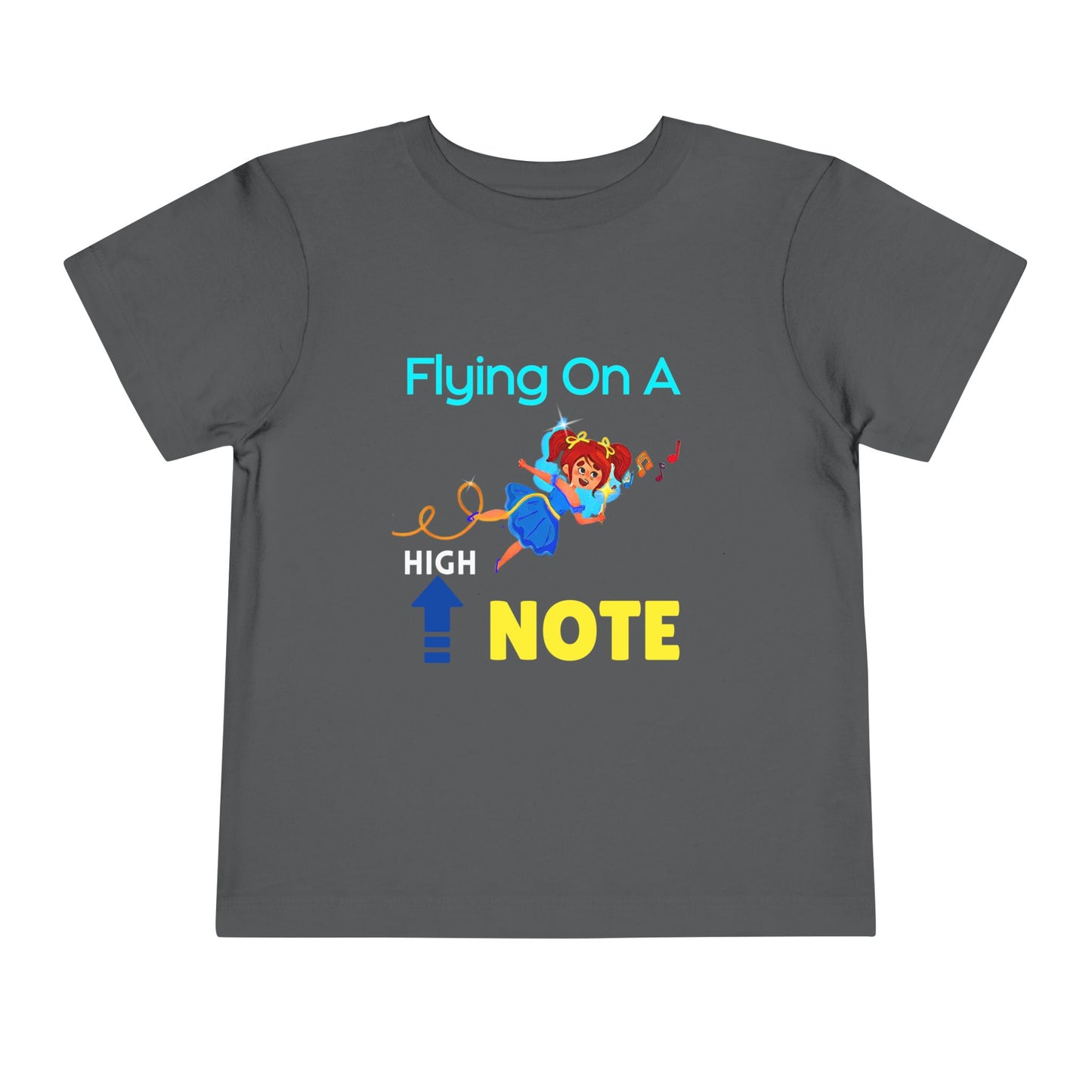 Gray toddler t-shirt with a flying fairy graphic and playful text 'flying on a high note'