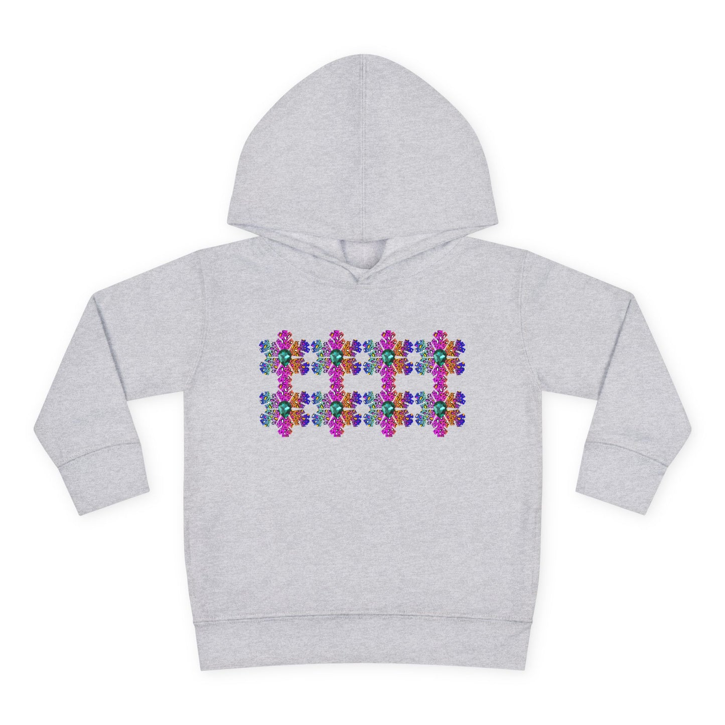 Gray hoodie with colorful snowflake design on a white background