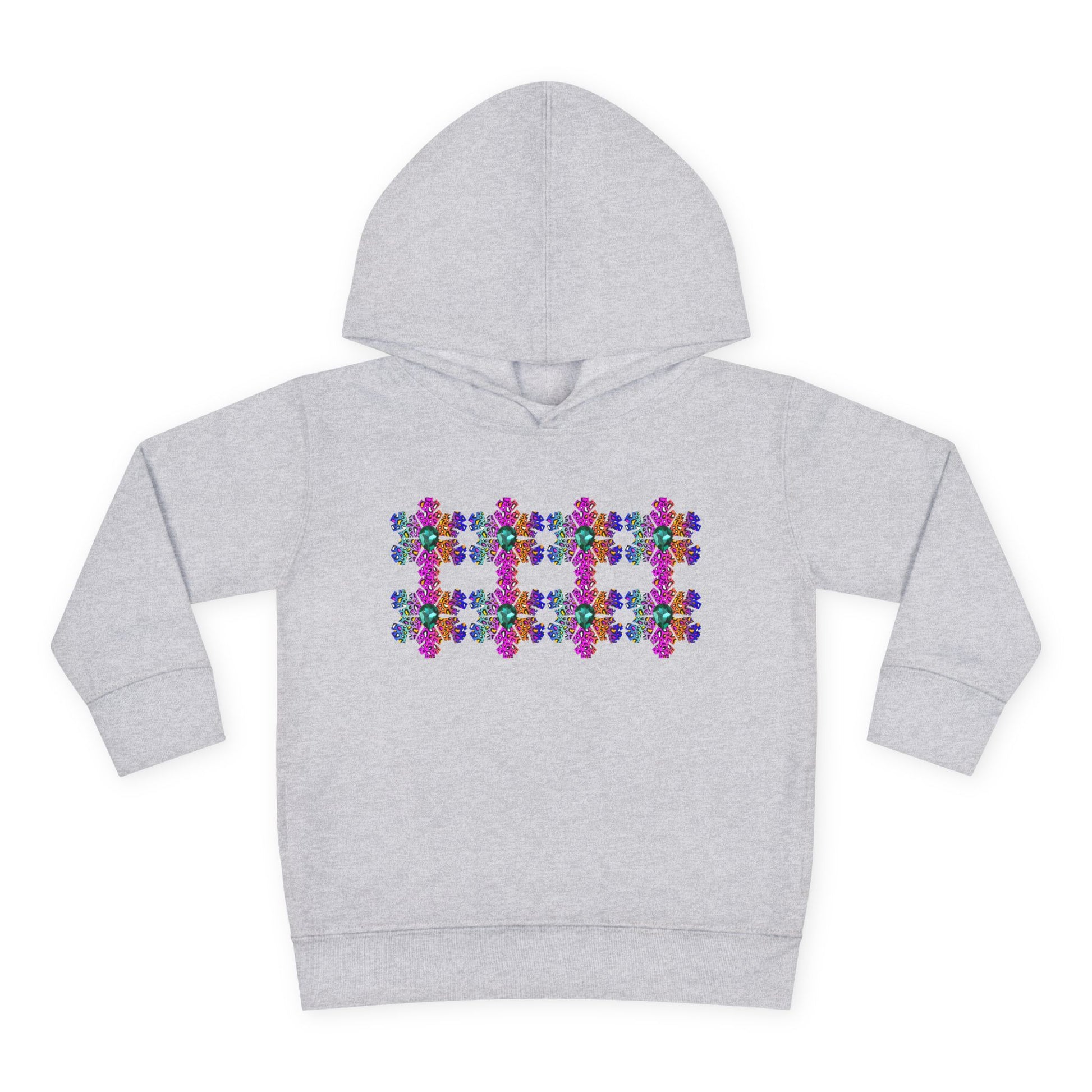 Gray hoodie with colorful snowflake design on a white background