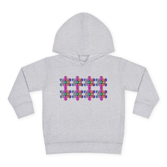 Gray hoodie with colorful snowflake design on a white background