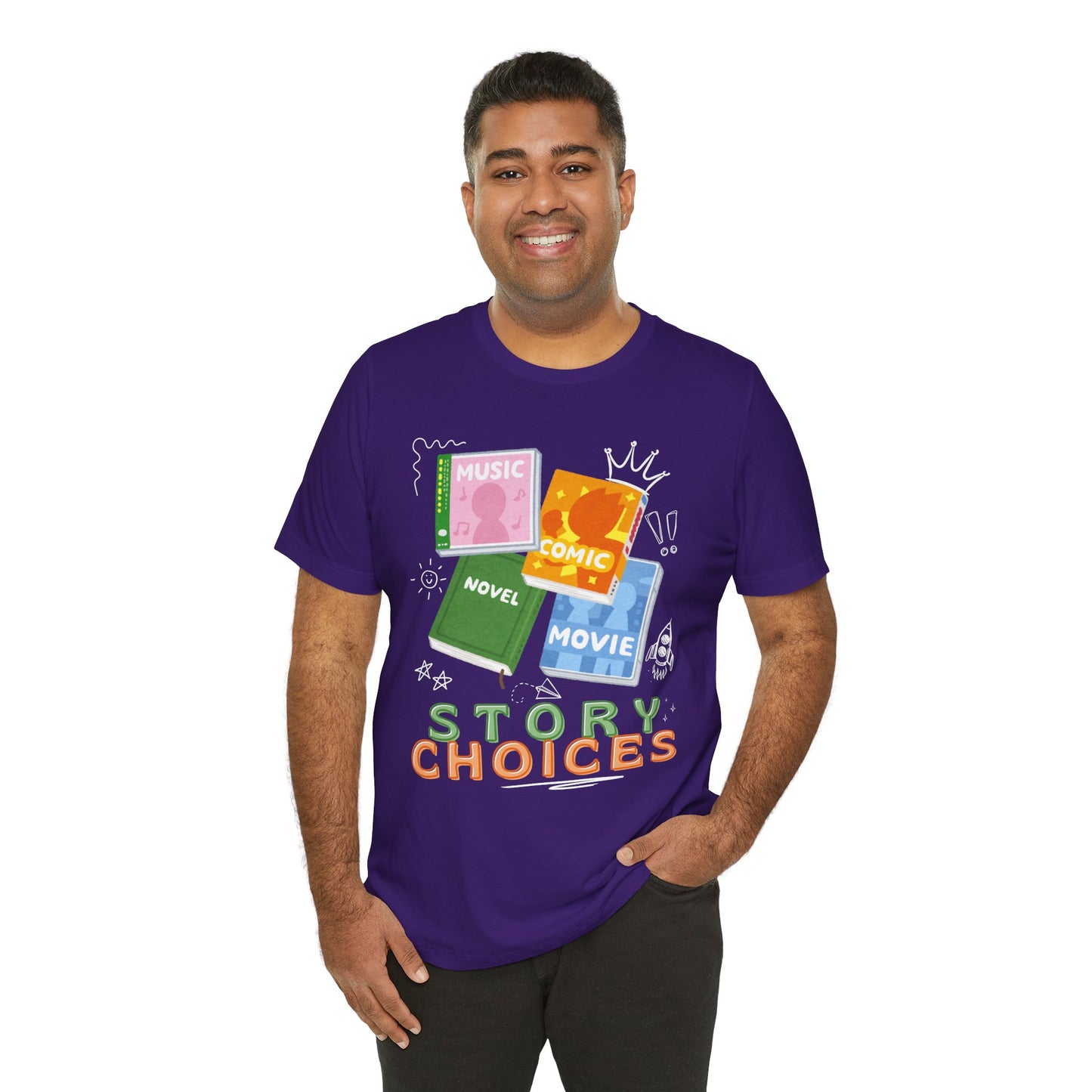 Man wearing a purple t-shirt with different kinds of audio and visual media, surrounded by doodles and text 'Story Choices' 