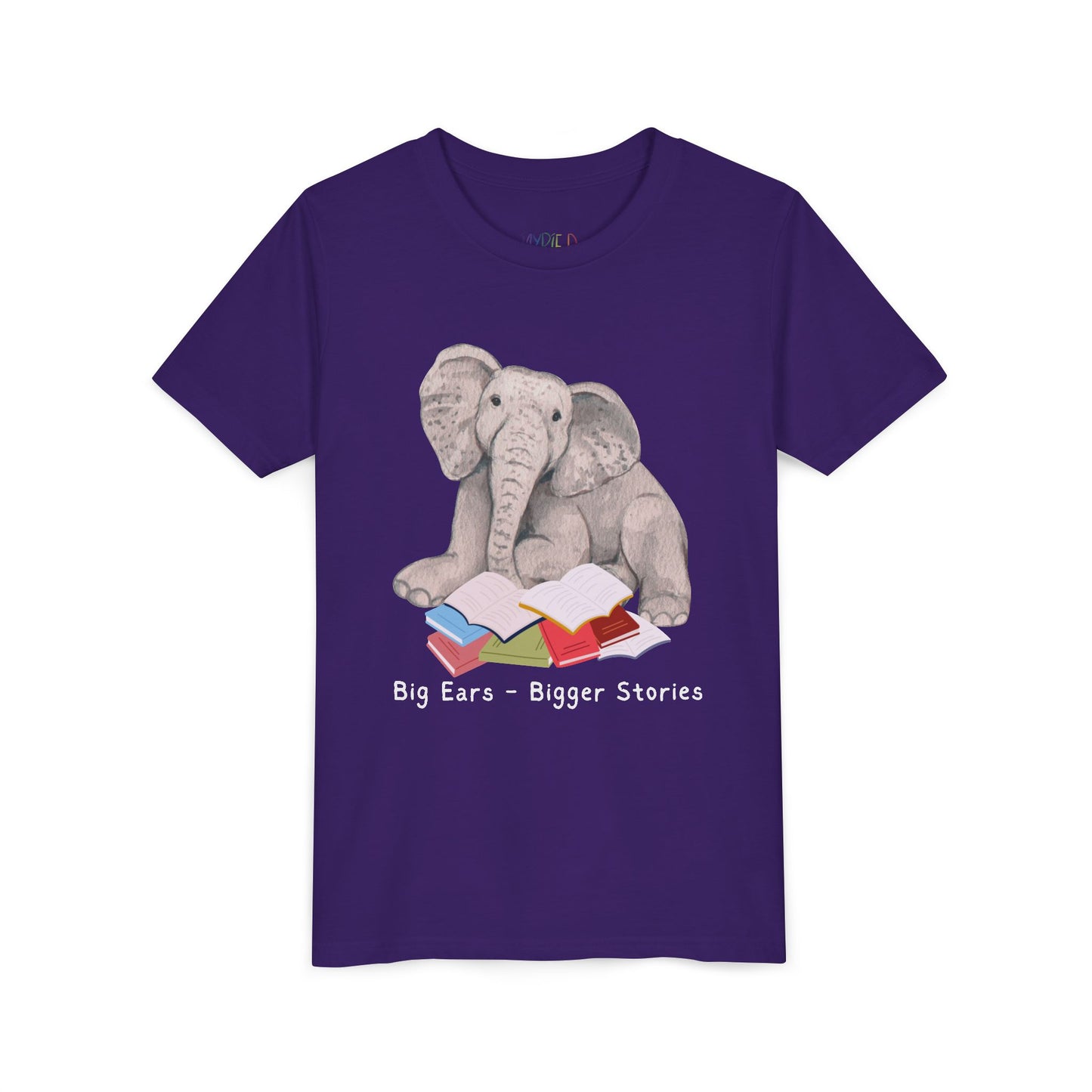 Youth Big Ears – Bigger Stories Tee – Elephant Reading Shirt for Thoughtful Little Listeners