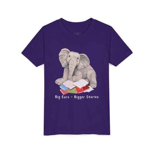 Youth Big Ears – Bigger Stories Tee – Elephant Reading Shirt for Thoughtful Little Listeners