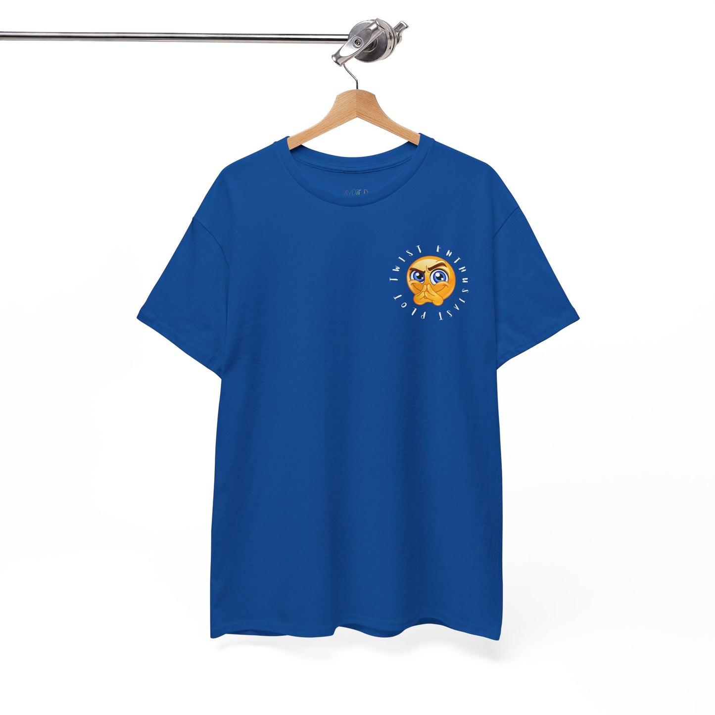 Blue t-shirt with a small emoji circled by text 'Plot Twist Enthusiast' 